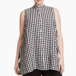 Eileen Fisher Gingham Tunic Top XL Black White Organic Linen Minimalist Casual